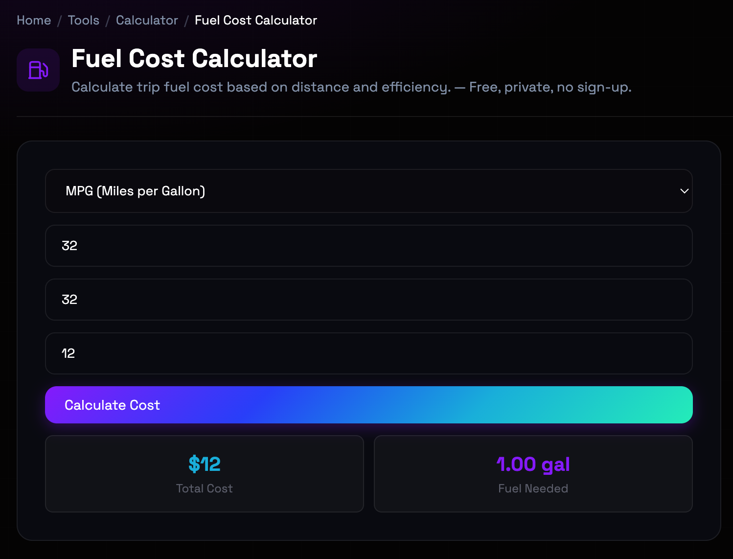 How to use Fuel Cost Calculator online — free, fast, and private